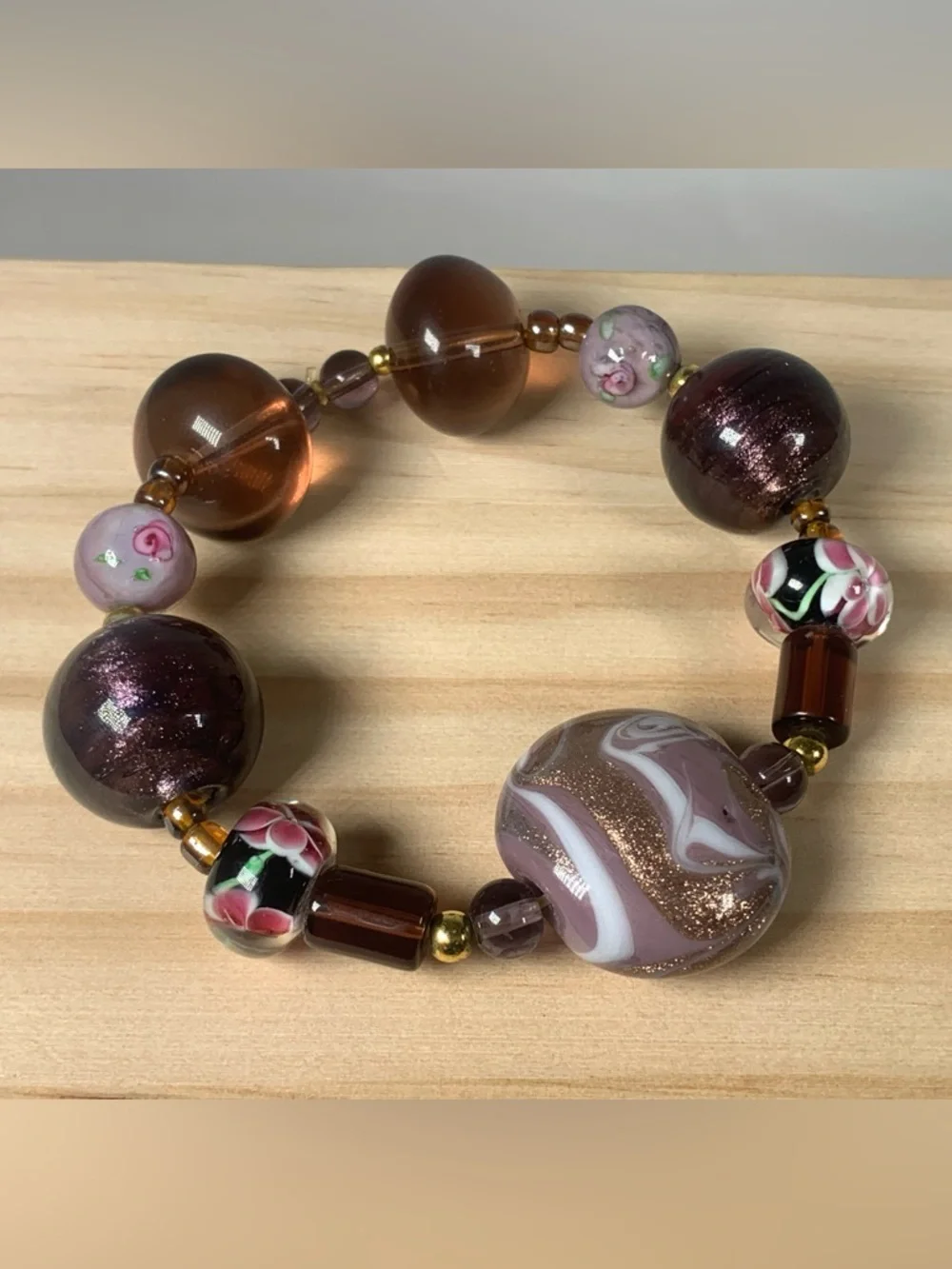Vintage Purple Floral Murano Lampwork Glass Beaded Stretch Bracelet 7”